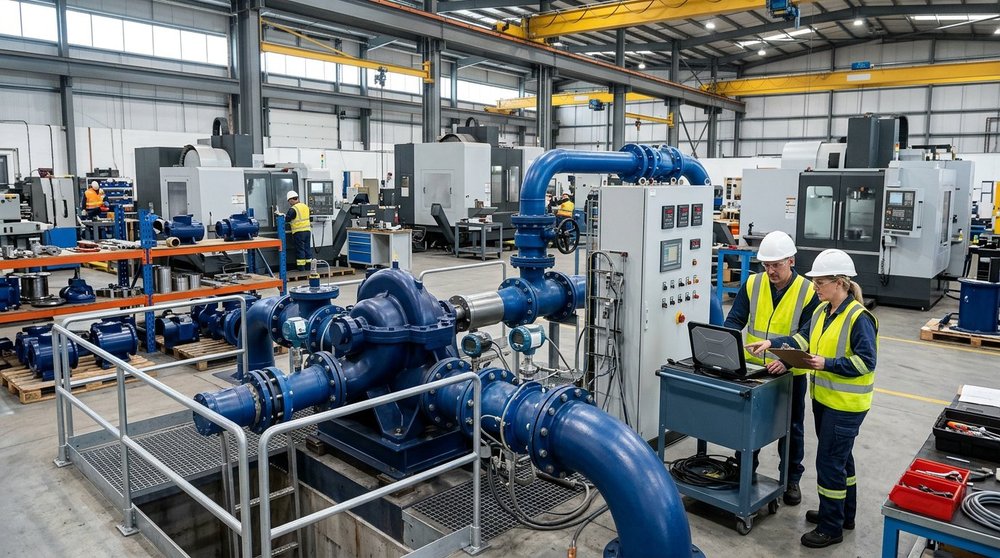 AI-generated photo of a navy split-case pump on a factory test loop with large blue pipes
